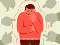 Illustration de la culpabilité avec le dessin d'un homme menacé par des mains au doigt pointé