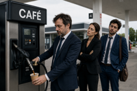 Cadres fatigués attendant de se servir un café à une pompe à café dans une station.