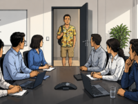 jeune homme arrivant dans une réunion en short et chemise hawaienne, tous les regards sur lui, il semble embarrassé