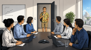 jeune homme arrivant dans une réunion en short et chemise hawaienne, tous les regards sur lui, il semble embarrassé